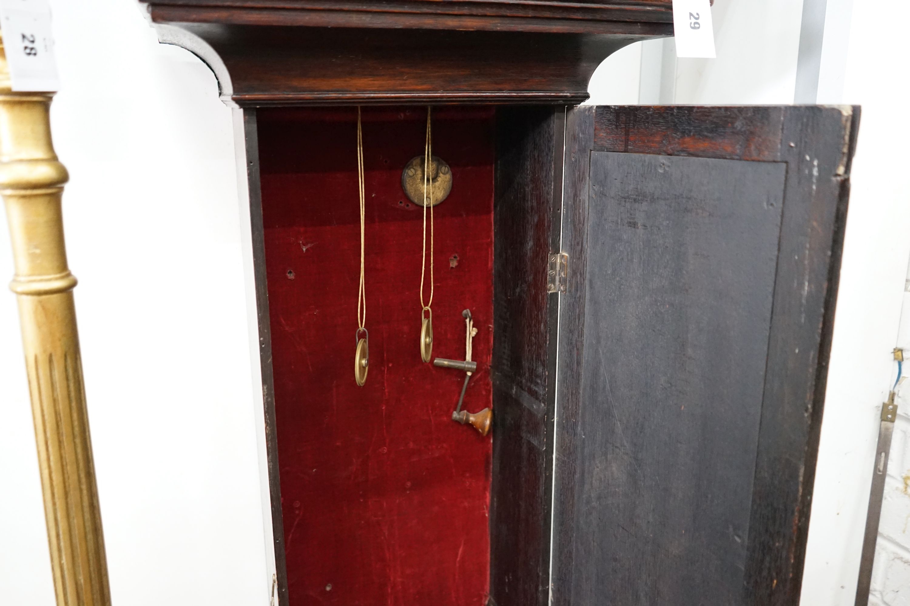 A George III style oak cased longcase clock with silvered chapter ring, height 197cm